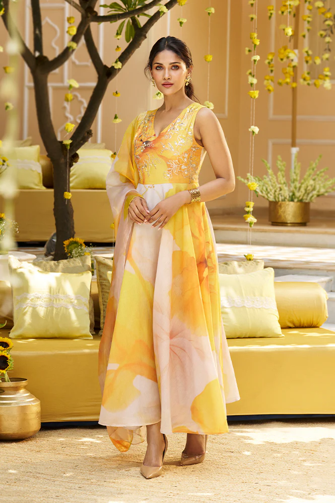 Beige Embroidered Organza Anarkali Kurta Set